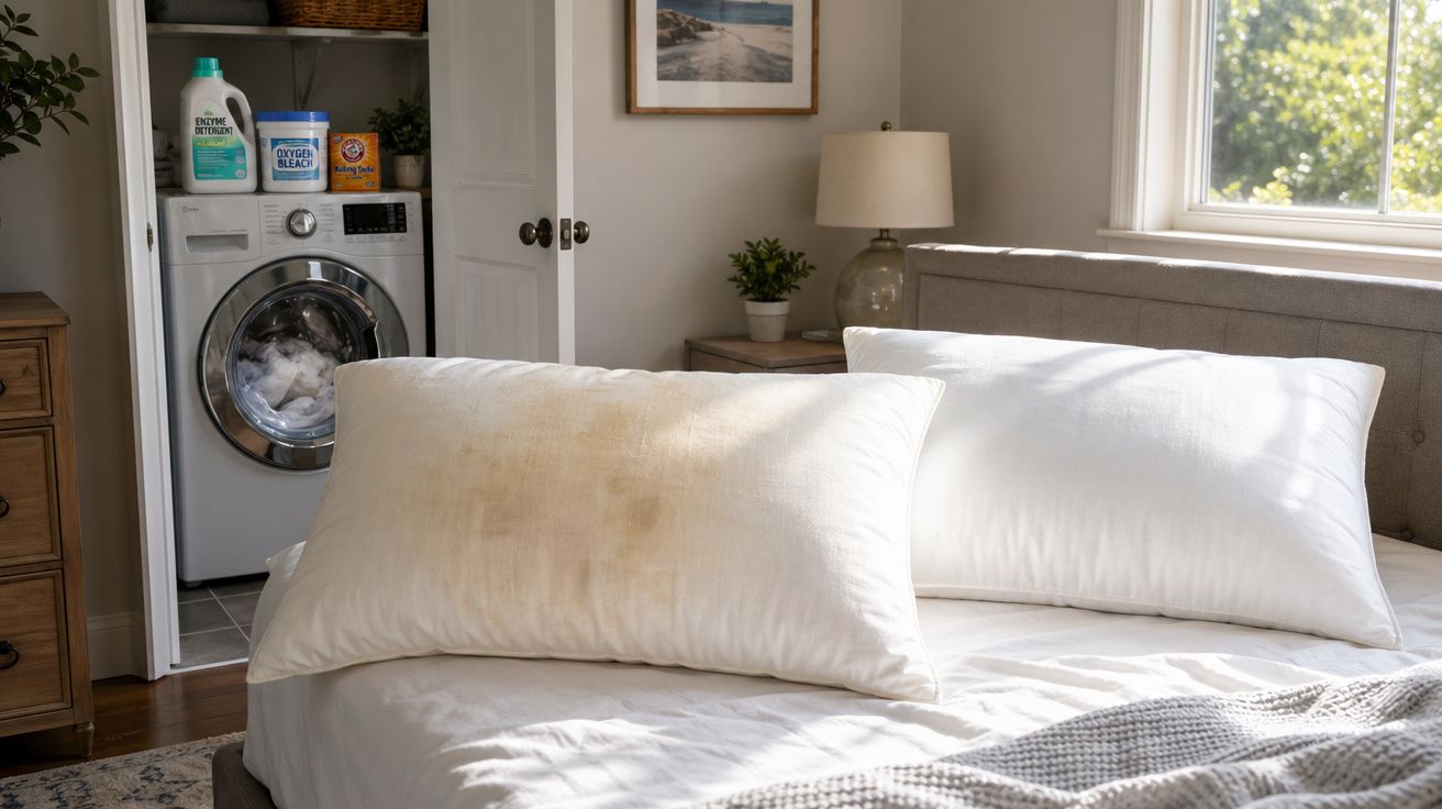 Quarto com cama de lençóis brancos e duas almofadas, uma delas manchada, e máquina de lavar ao fundo.