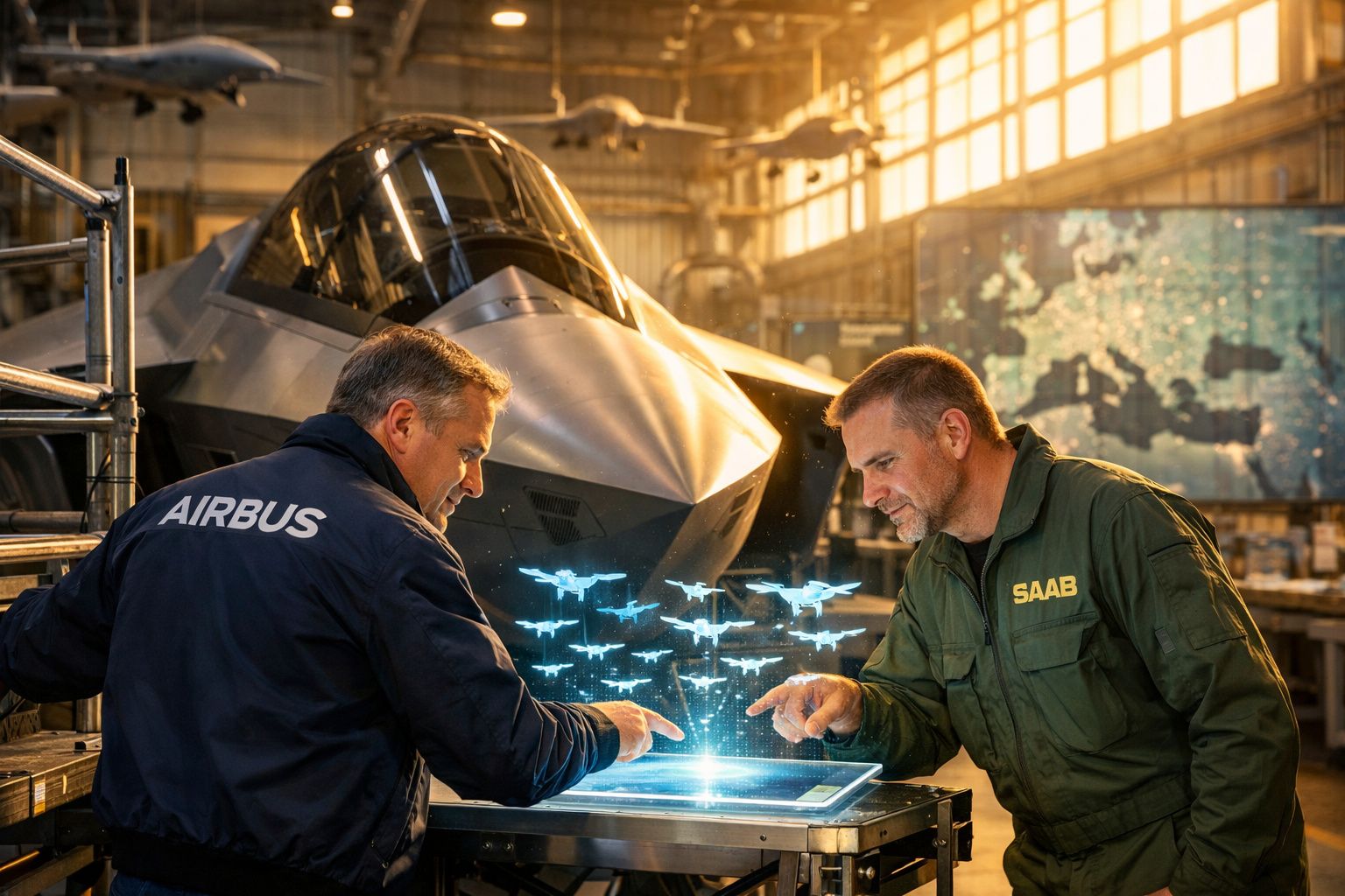 Dois homens, um com jaqueta Airbus e outro com uniforme Saab, analisam holograma de aviões à frente de caça na hangar.