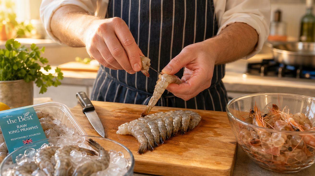 Pessoa a limpar camarões crus numa tábua de madeira, com mais camarões e utensílios de cozinha ao redor.