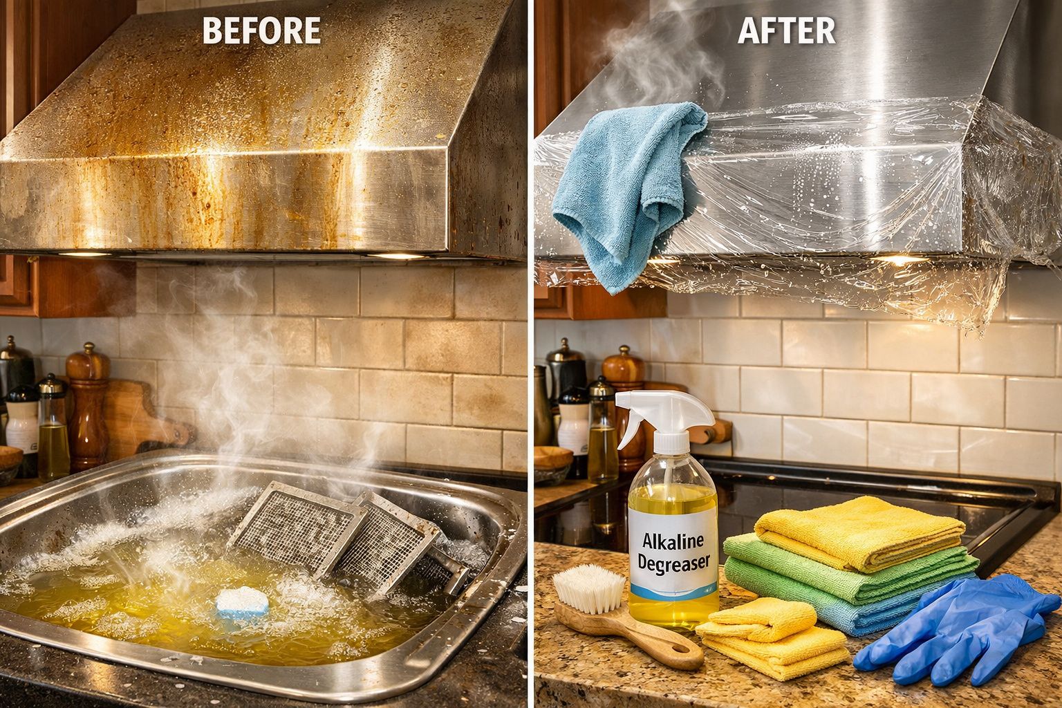 Exaustor da cozinha antes e depois da limpeza com produtos e panos ao lado, mostrando grande diferença na limpeza.