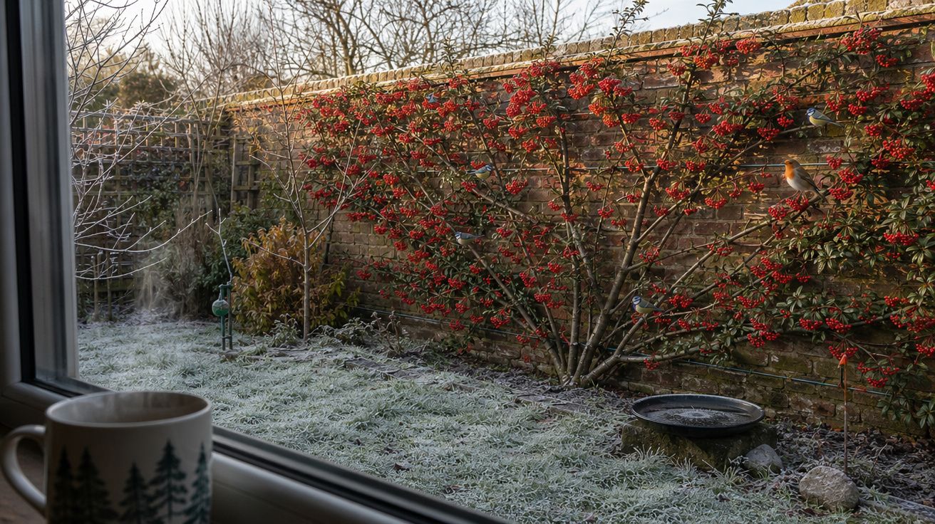 Vista de jardim com baga vermelha, pequeno pássaro, relva com geada e chávena de chá junto à janela.