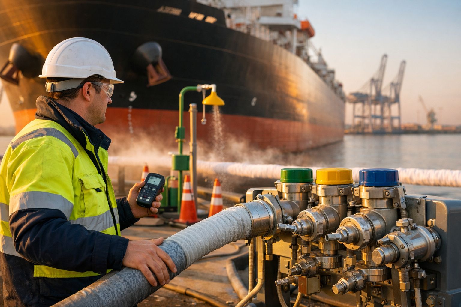 Trabalhador portuário com capacete e colete refletor opera mangueira ligada a um navio no porto ao pôr do sol.