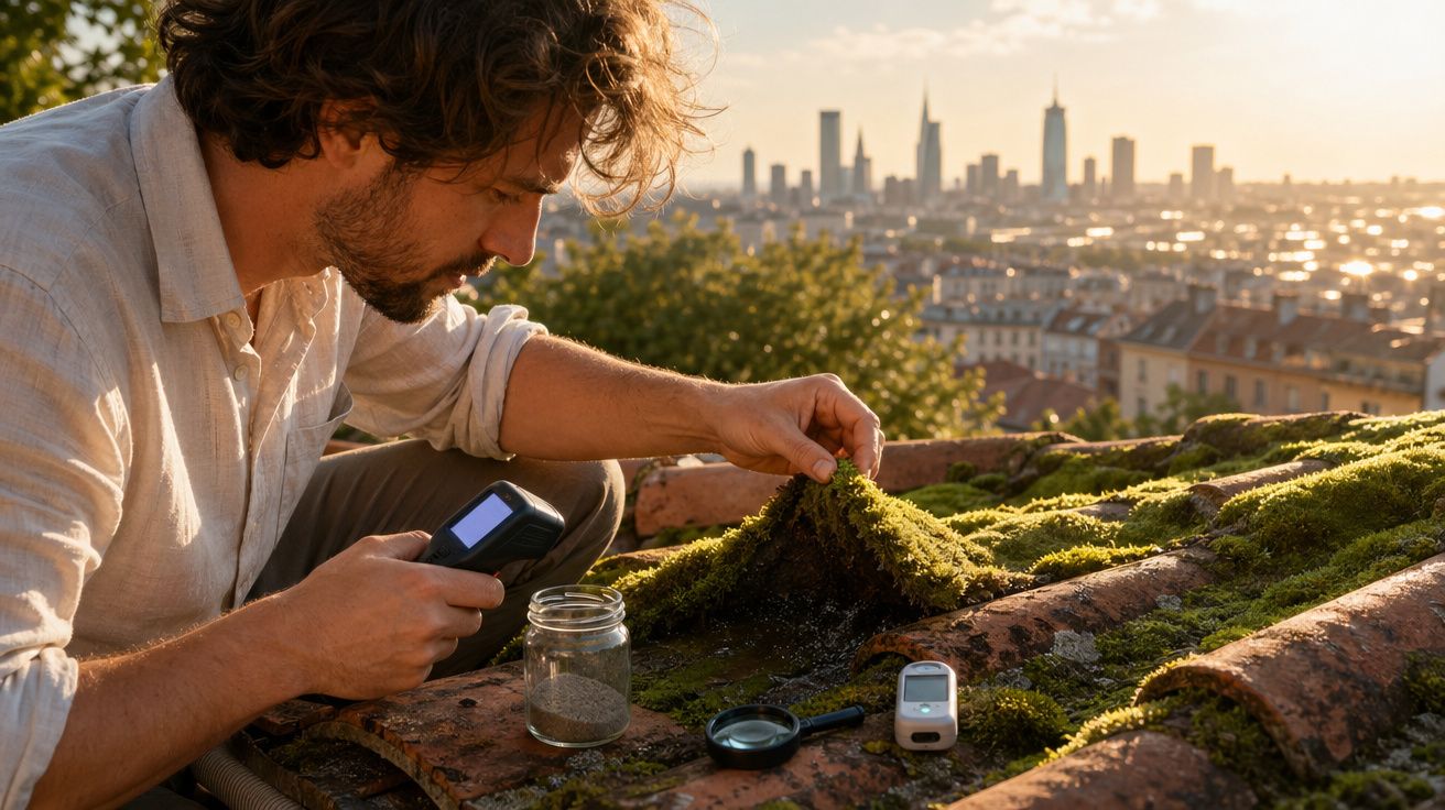 Homem analisa musgo num telhado ao ar livre com instrumentos, com vista urbana ao fundo ao pôr do sol.