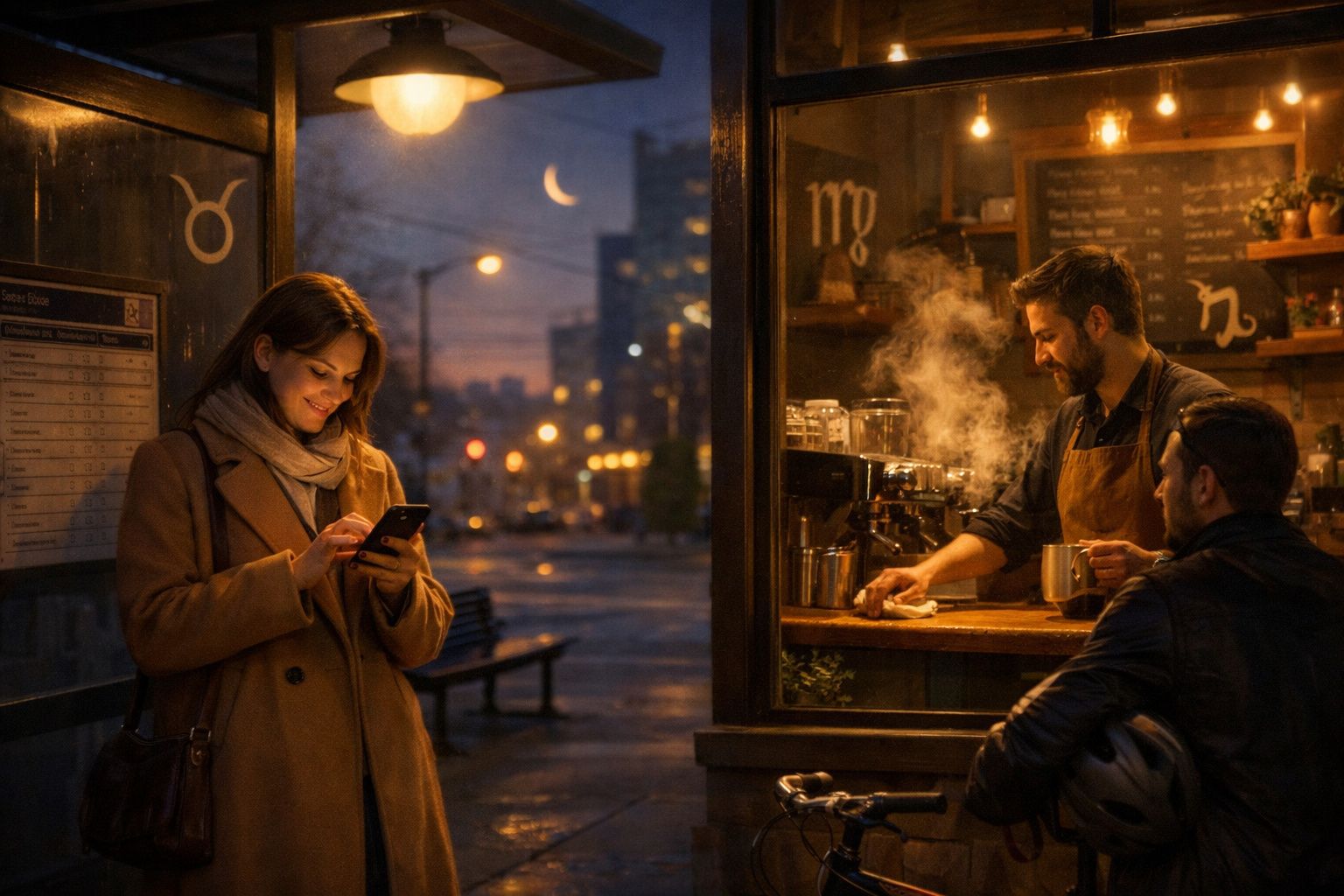 Mulher sorridente com casaco castanho a usar telemóvel junto a café onde barista prepara bebida quente ao entardecer.