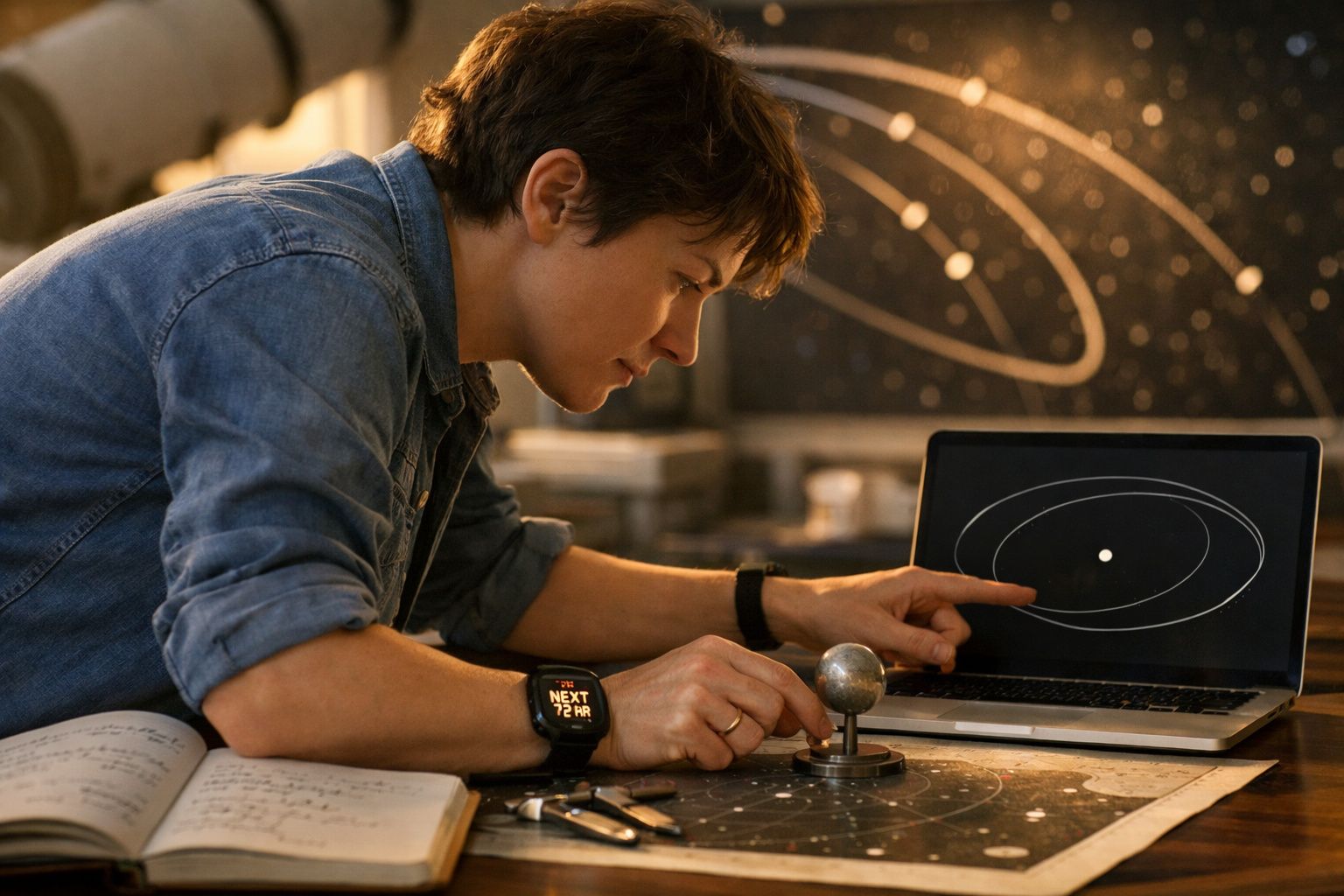 Pessoa a estudar sistemas de órbitas planetárias com computador e modelo esférico numa mesa.