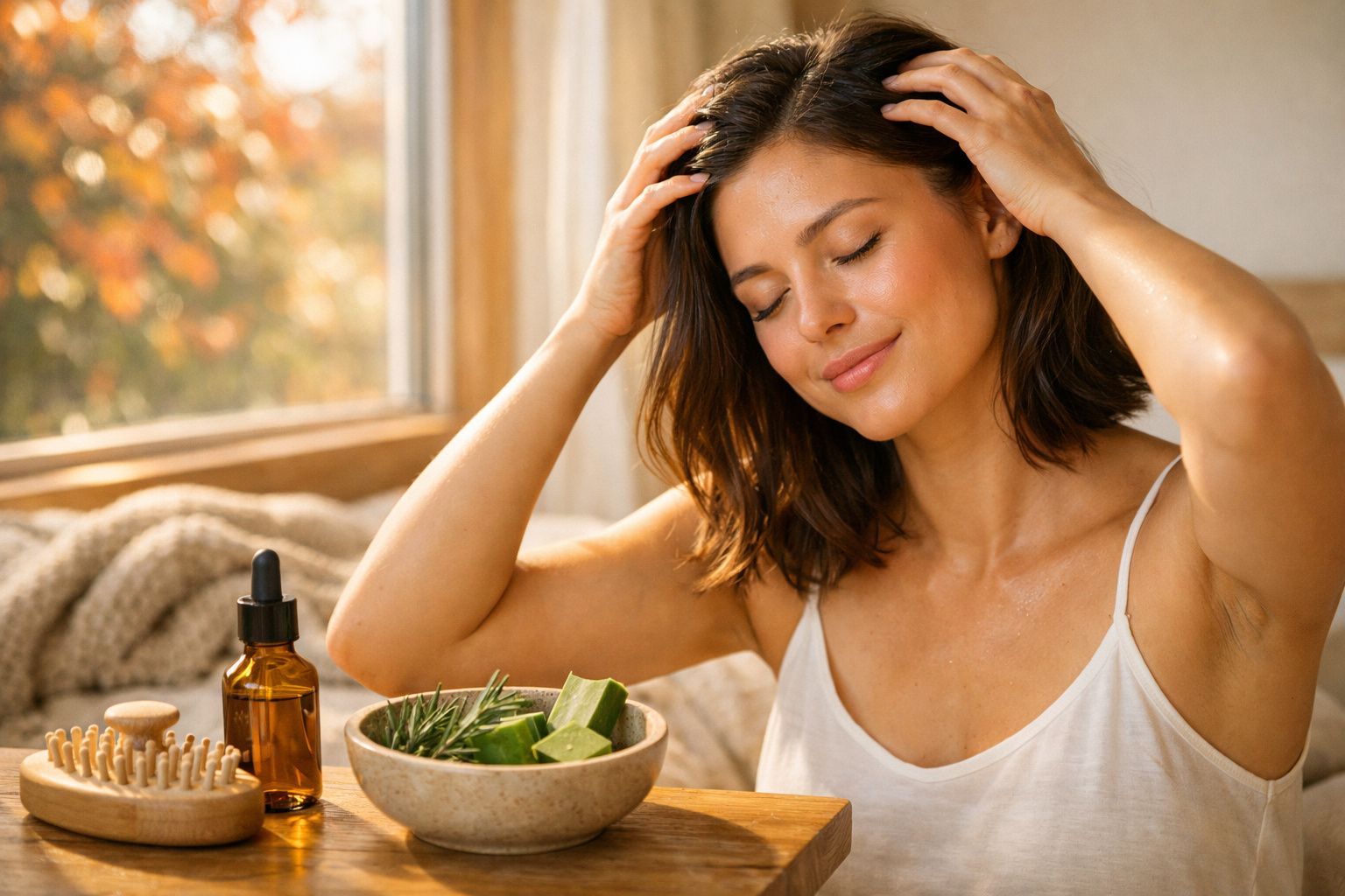 Mulher sorridente a cuidar do cabelo com óleo natural e ingredientes frescos numa mesa perto da janela.