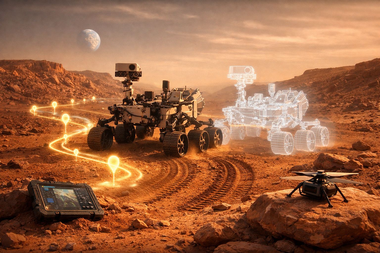 Rover e drone exploratório num terreno árido e rochoso, com linhas luminosas a indicar trajetória.