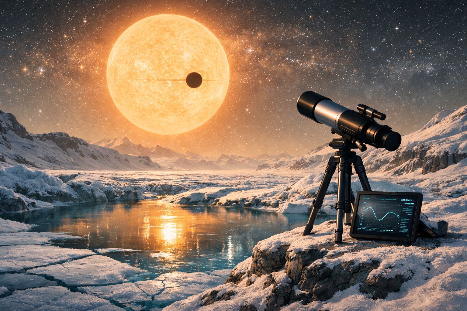 Telescópio e tablet a observar um eclipse solar num cenário gelado com montanhas e lagos congelados.