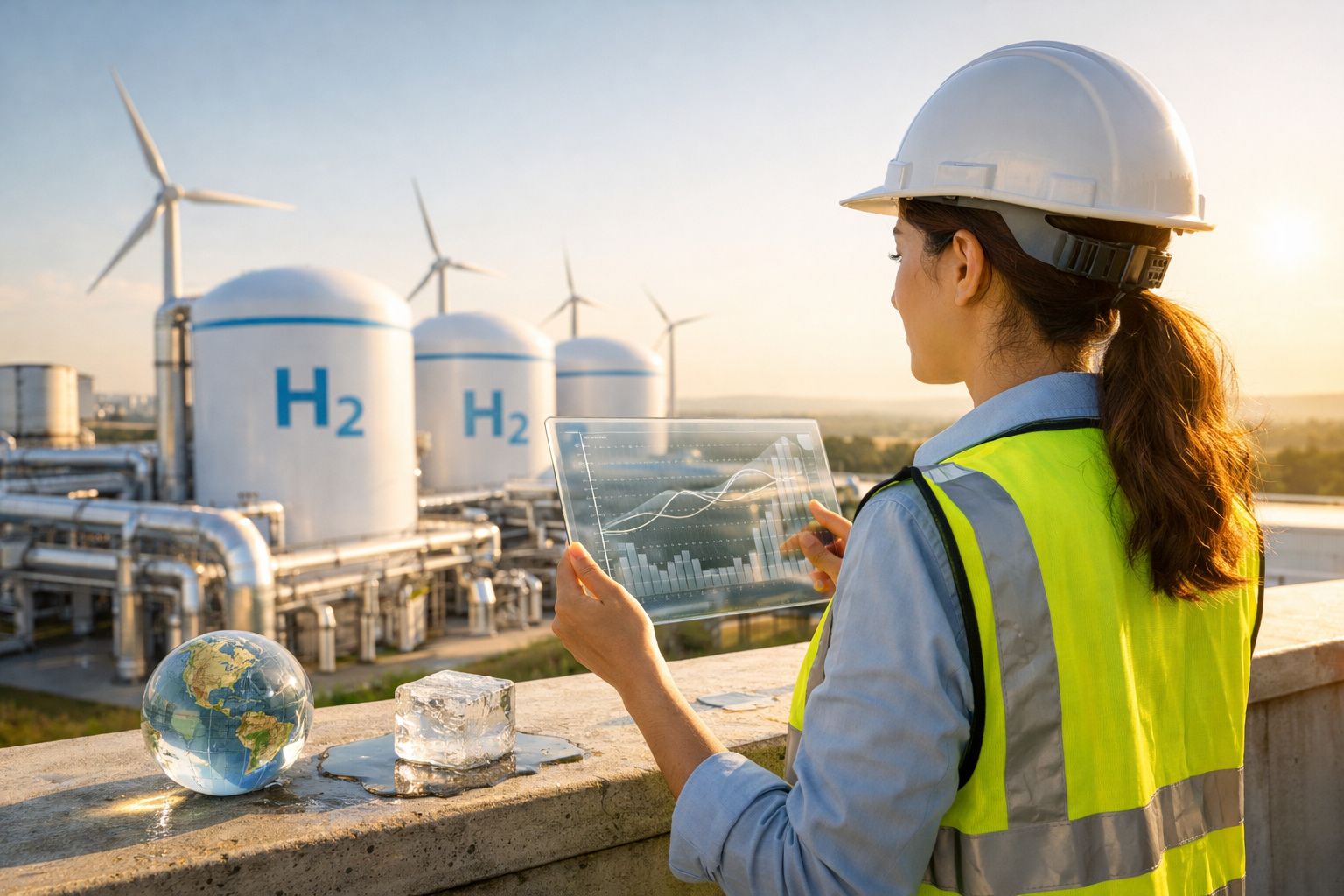 Engenheira com capacete e colete analisa dados num tablet transparente em central de hidrogénio verde.