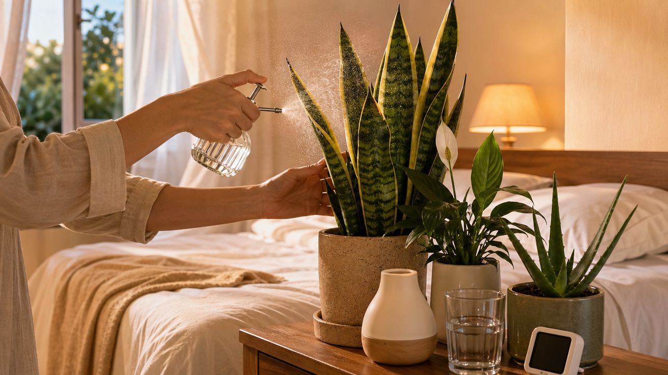 Pessoa a borrifar água em planta dentro de quarto acolhedor com decoração natural e luz suave.