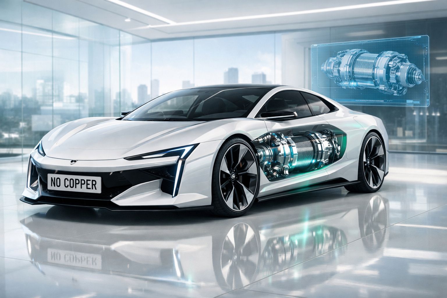 Carro elétrico desportivo branco numa garagem moderna com motor elétrico digital sobreposto.