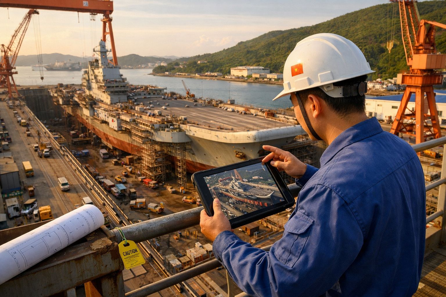 Trabalhador com capacete a analisar tablet numa doca seca com porta-aviões em construção ao fundo.