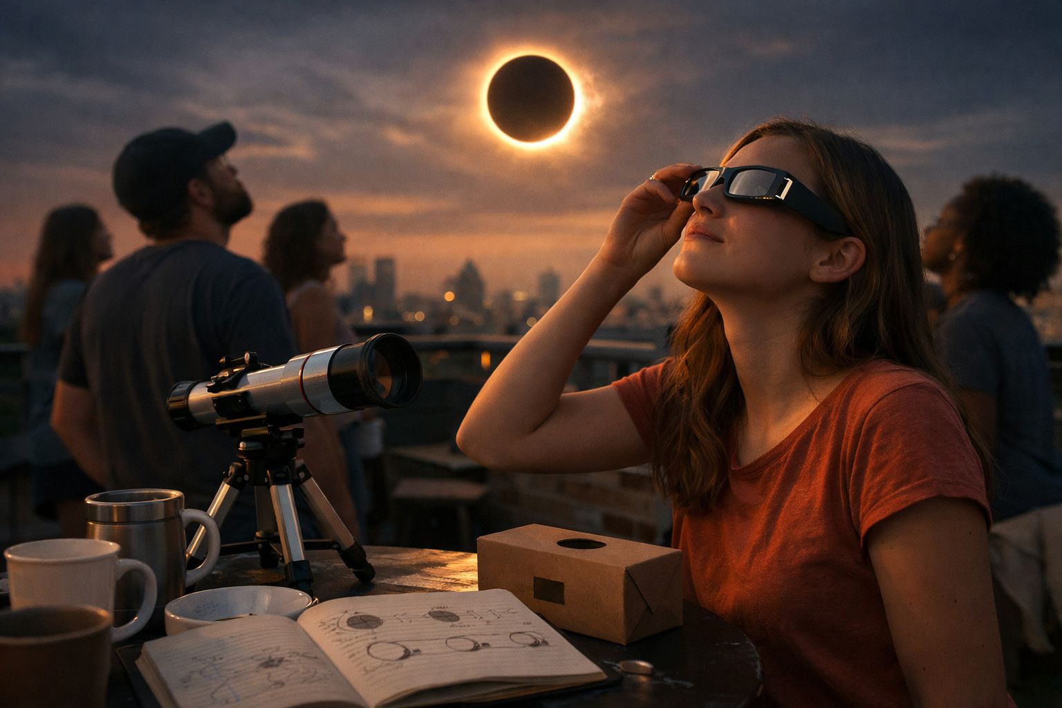 Pessoa a observar eclipse solar parcial com óculos de proteção, com várias pessoas e telescópio ao fundo.