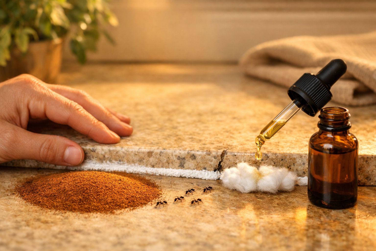 Mãos, formigas, pó marrom, algodão e óleo a ser aplicado com pipeta numa superfície de pedra.