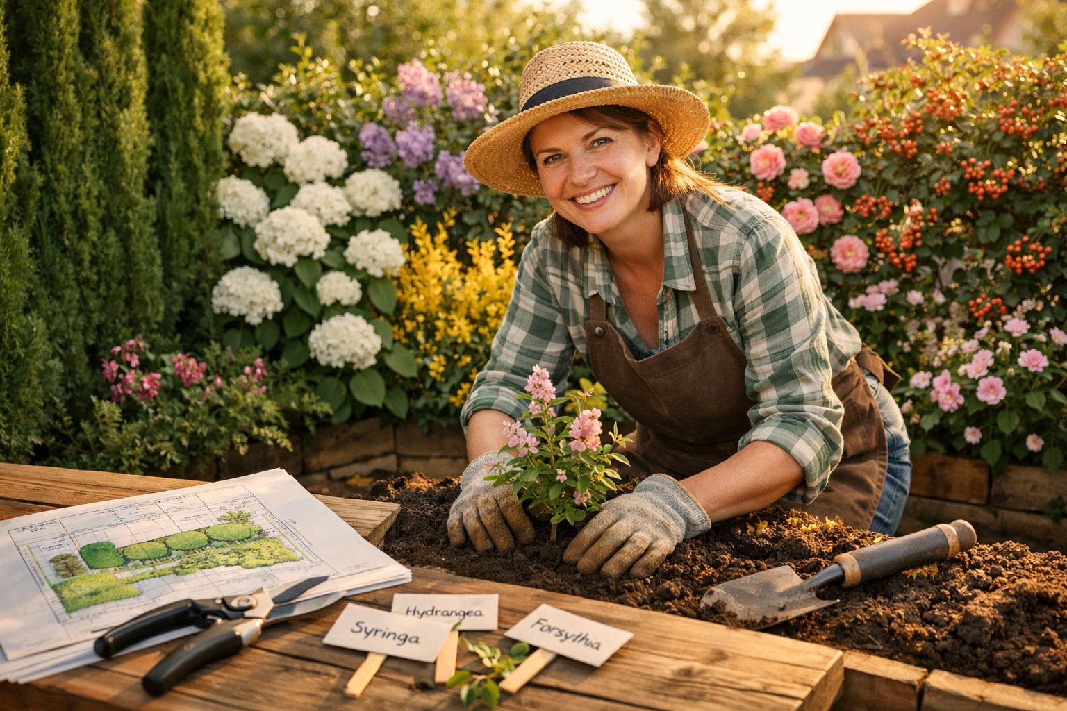 Mulher sorridente a plantar flores num jardim colorido, com ferramentas e plano de jardinagem à frente.