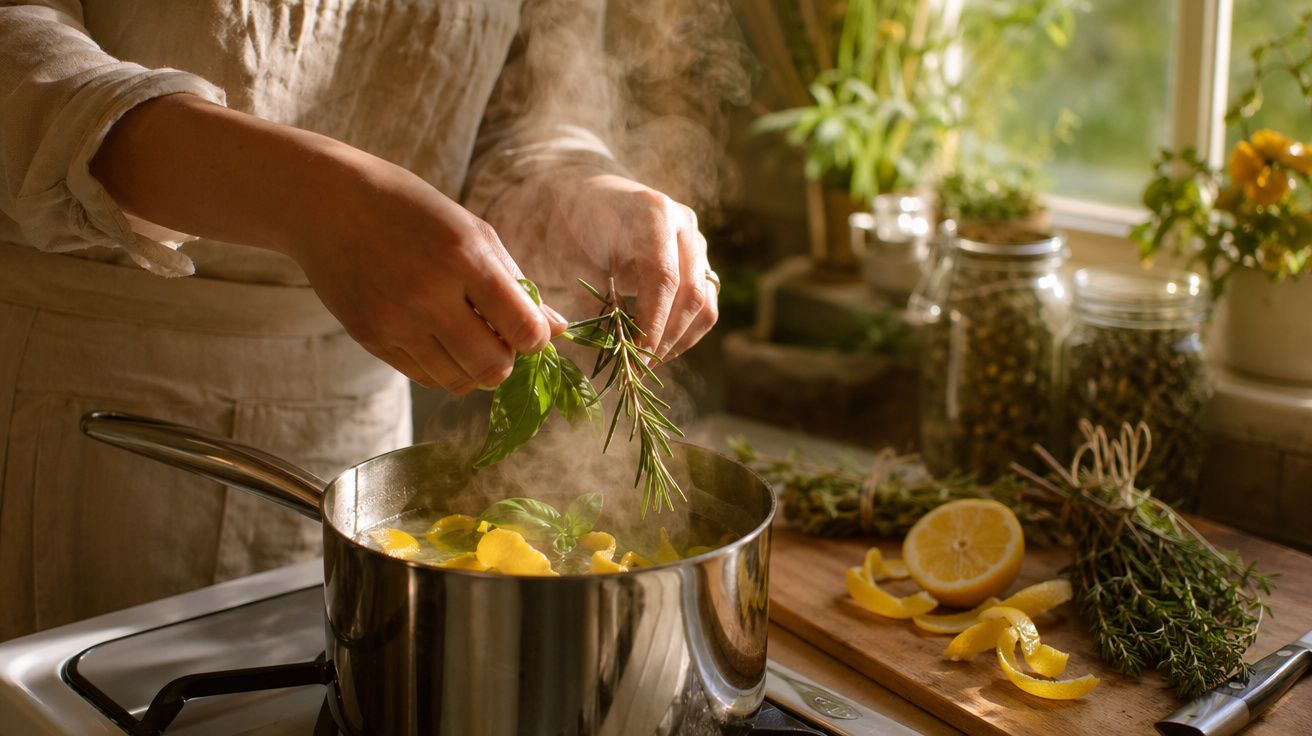 Mãos a adicionar ervas frescas numa panela a ferver com limão, rodeada de ervas e especiarias.