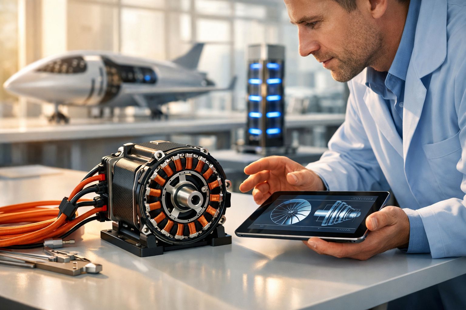 Engenheiro analisa motor elétrico com tablet e modelo de avião ao fundo num laboratório moderno.