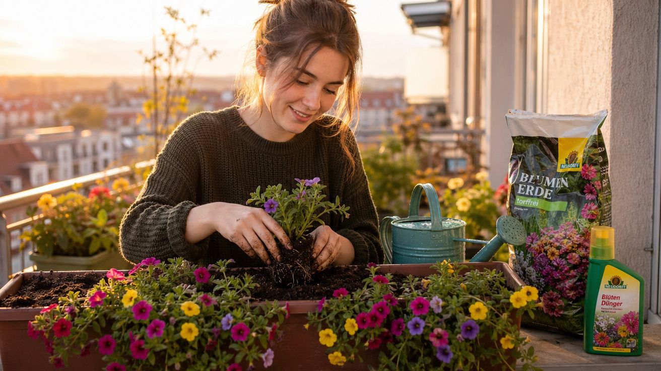 Mulher a plantar flores coloridas num vaso numa varanda ao pôr do sol com acessórios de jardinagem.