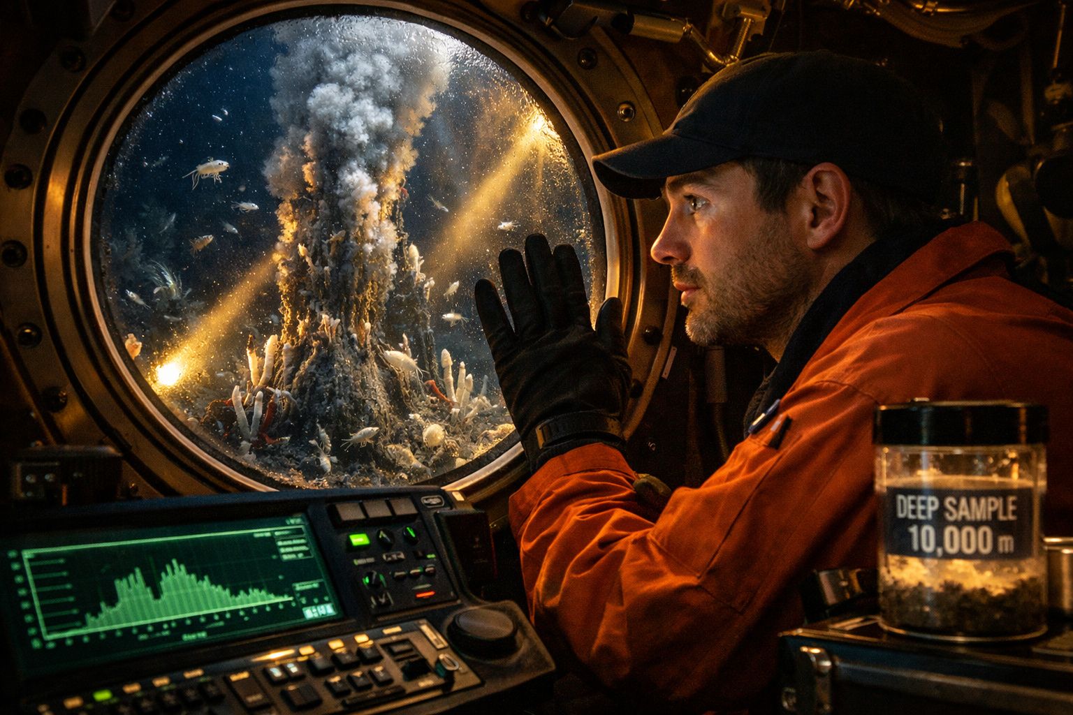 Homem dentro de submarino observa fumarola hidrotermal e vida marinha através de escotilha circular.