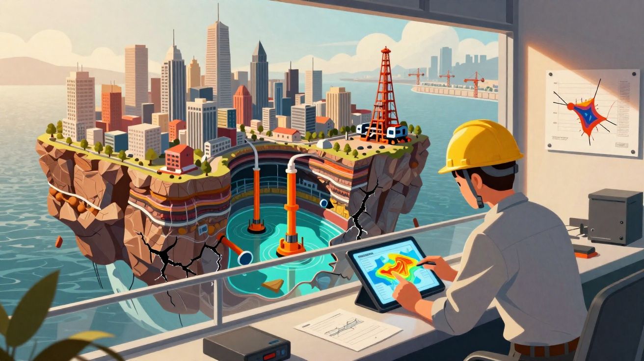 Engenheiro analisa mapa sísmico num tablet com modelo de cidade flutuante e interior da Terra à frente.