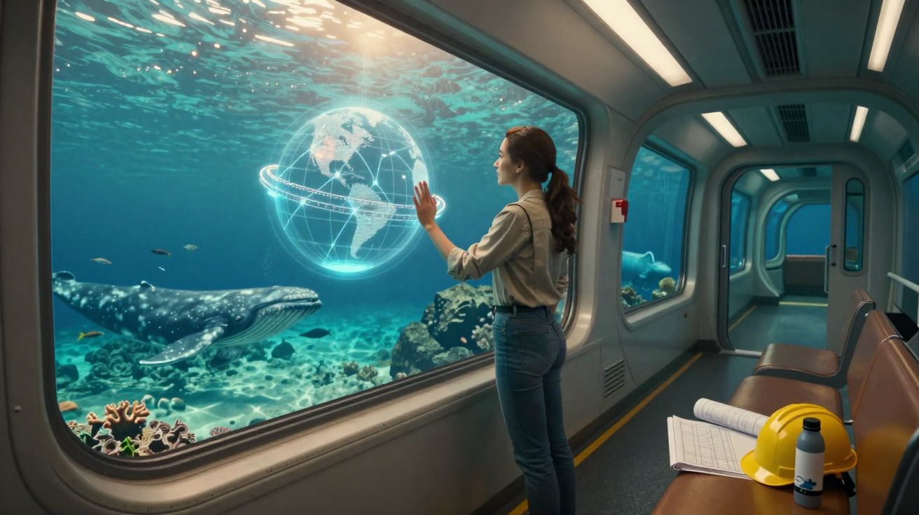Mulher numa sala subaquática observa um holograma da Terra com uma baleia e peixes ao fundo.