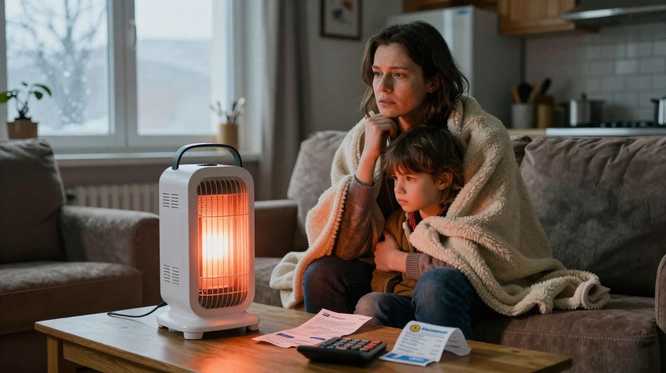 Mulher e criança sentados no sofá cobertos com manta junto a aquecedor elétrico numa sala.