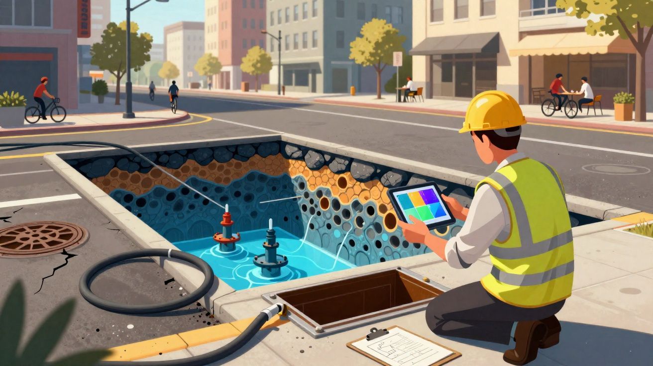 Engenheiro com colete e capacete a monitorizar equipamento de manutenção numa vala numa rua da cidade.