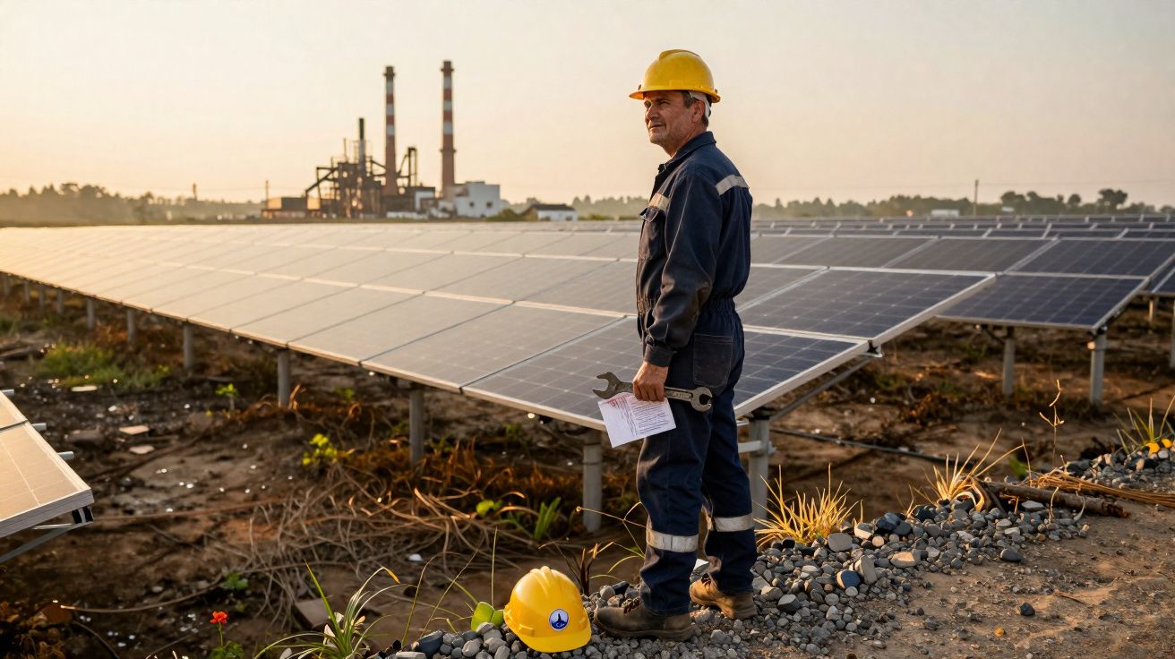 Técnico com capacete amarelo em campo de painéis solares, com fábrica ao fundo ao pôr do sol.