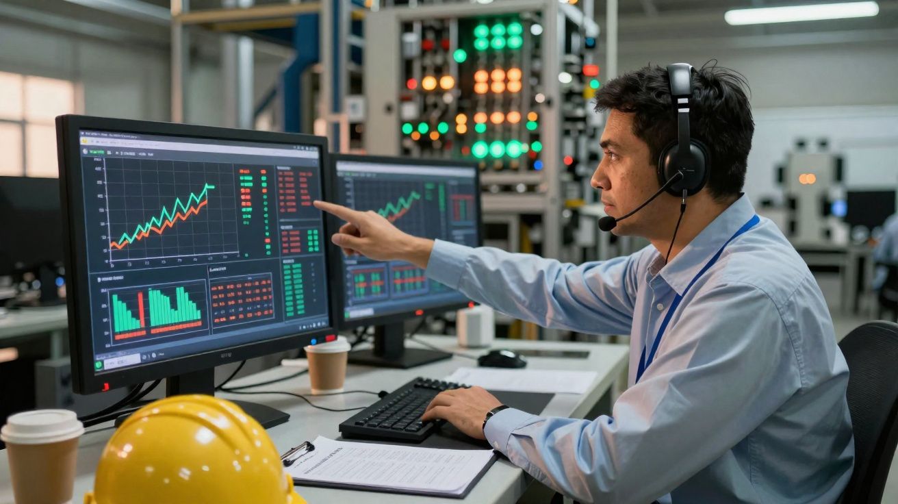 Homem com auricular a analisar gráficos financeiros em ecrãs de computador num escritório moderno.