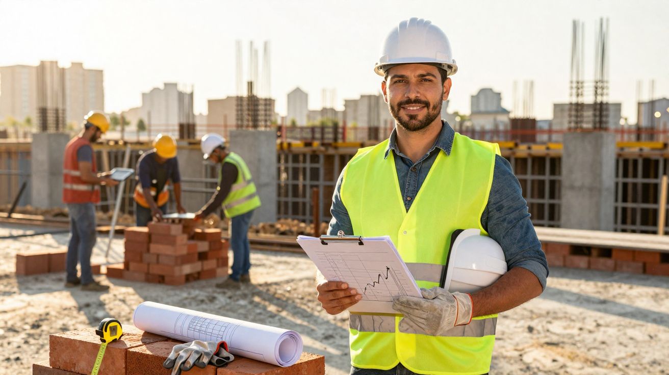 Engenheiro de obra com colete e capacete branco a fazer medições em construção com operários a trabalhar ao fundo.