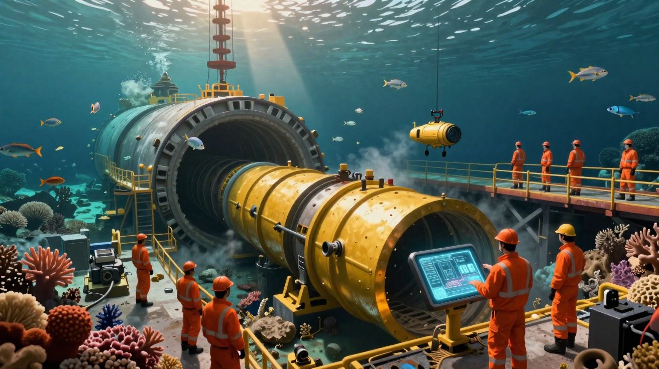 Equipas de trabalhadores submarinos a operar maquinaria gigante para construção de túnel no fundo do mar.