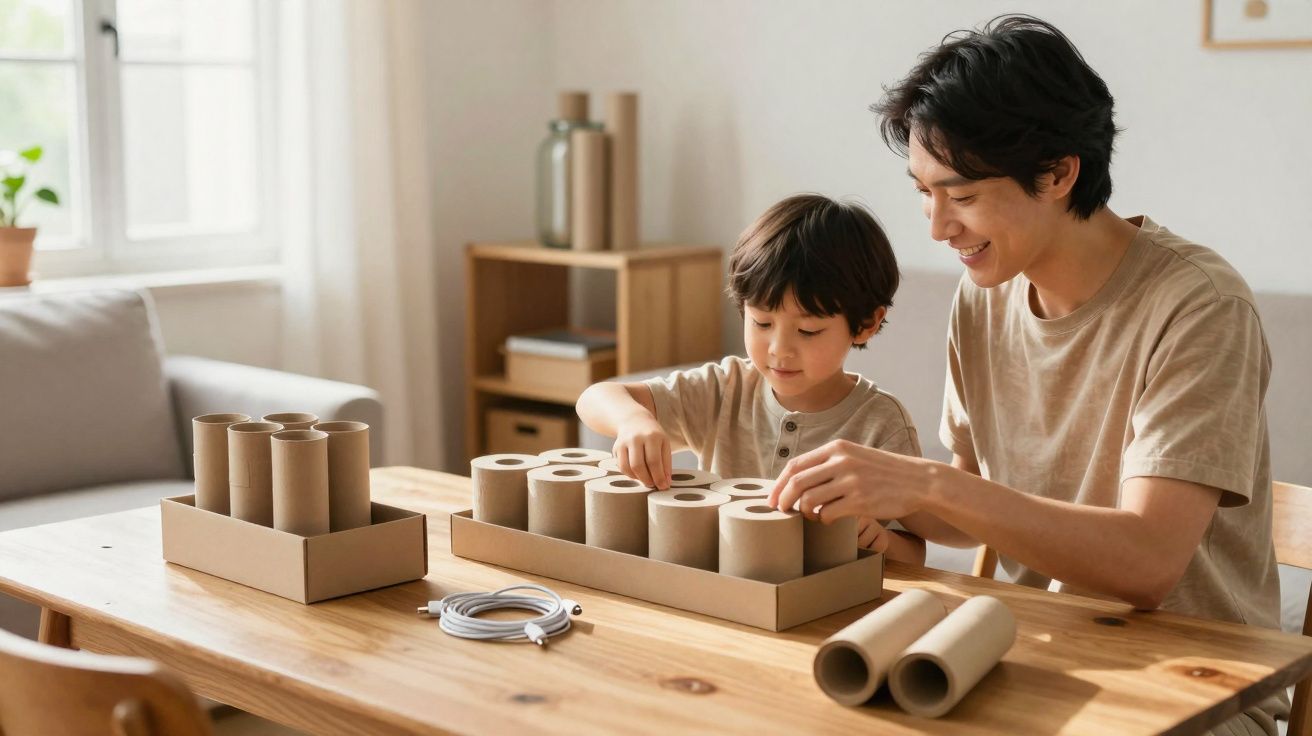 Pai e filho brincam juntos com tubos de papelão numa mesa de madeira numa sala iluminada.
