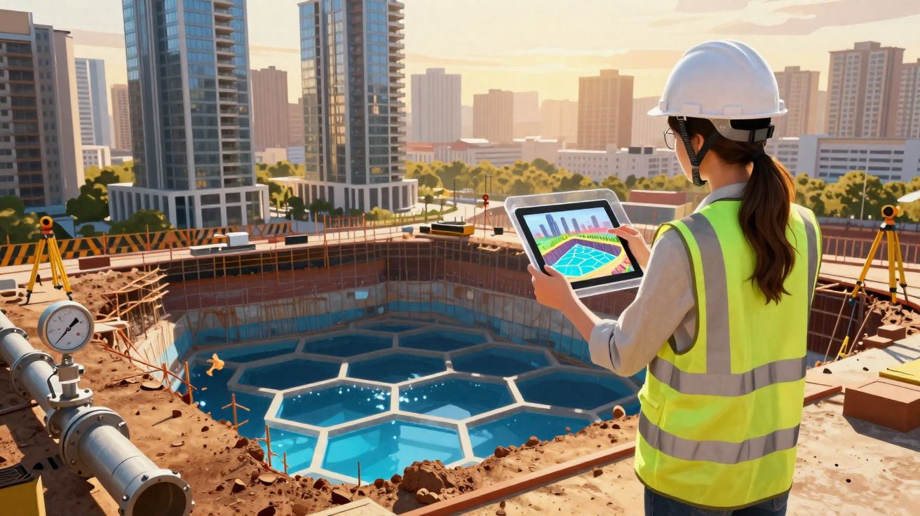 Mulher engenheira com colete e capacete observa projeto no tablet numa obra com edifícios ao fundo.