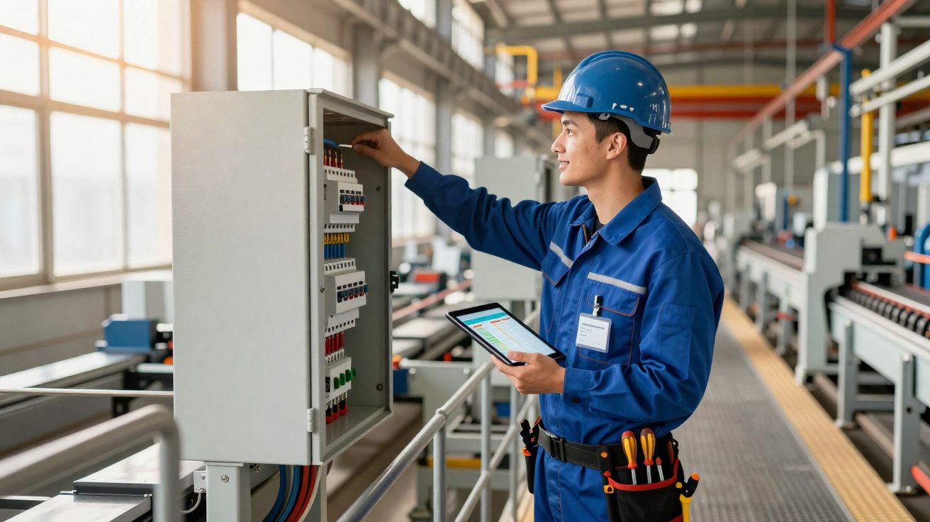 Técnico com capacete azul a inspecionar um quadro elétrico numa fábrica, segurando um tablet.