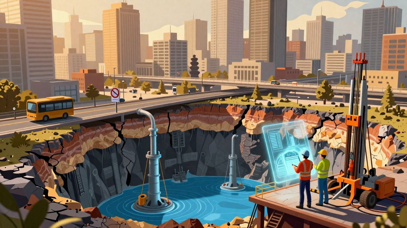 Trabalhadores com equipamentos a analisar tecnologia holográfica numa escavação urbana profunda junto a edifícios altos.