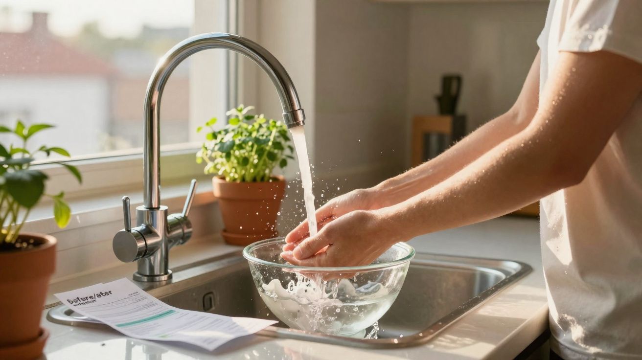 Pessoa a lavar as mãos numa pia de cozinha com água a correr e plantas em vasos na janela.