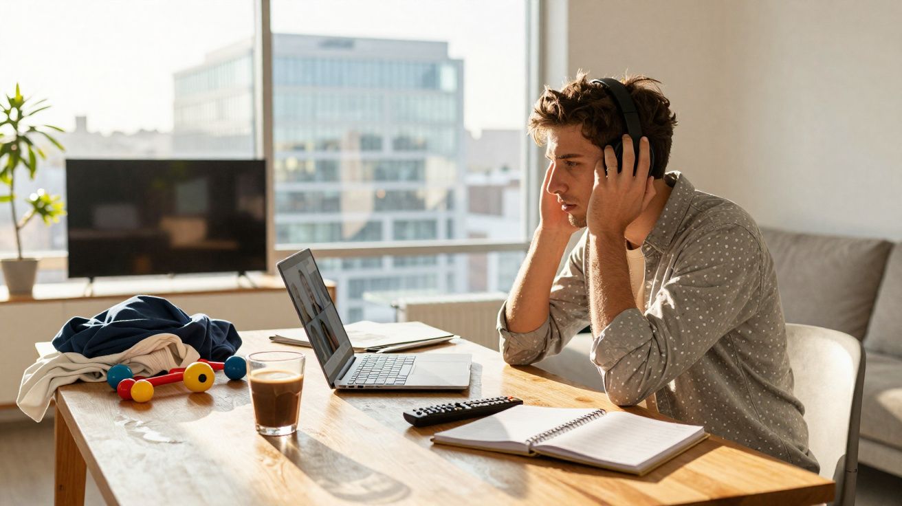 Homem com auscultadores sentado à mesa a trabalhar num portátil com caderno e bebidas à frente numa sala luminosa.