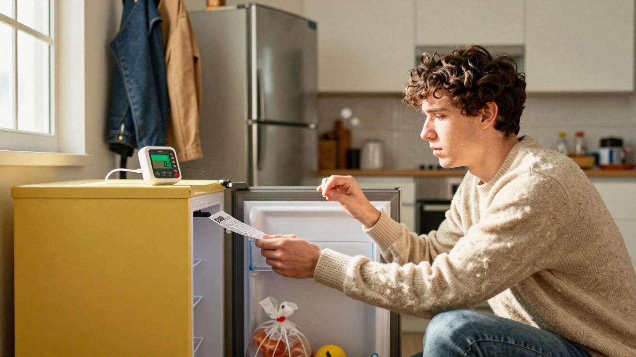Homem sentado a ler etiqueta de medicamento junto a mini frigorífico aberto numa cozinha.