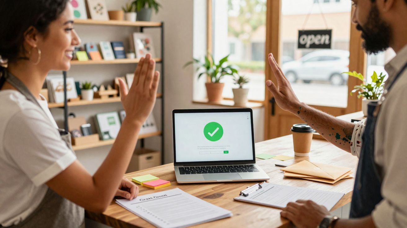 Duas pessoas em loja a cumprimentar-se com um toque de mão, com portátil e documentos na mesa.