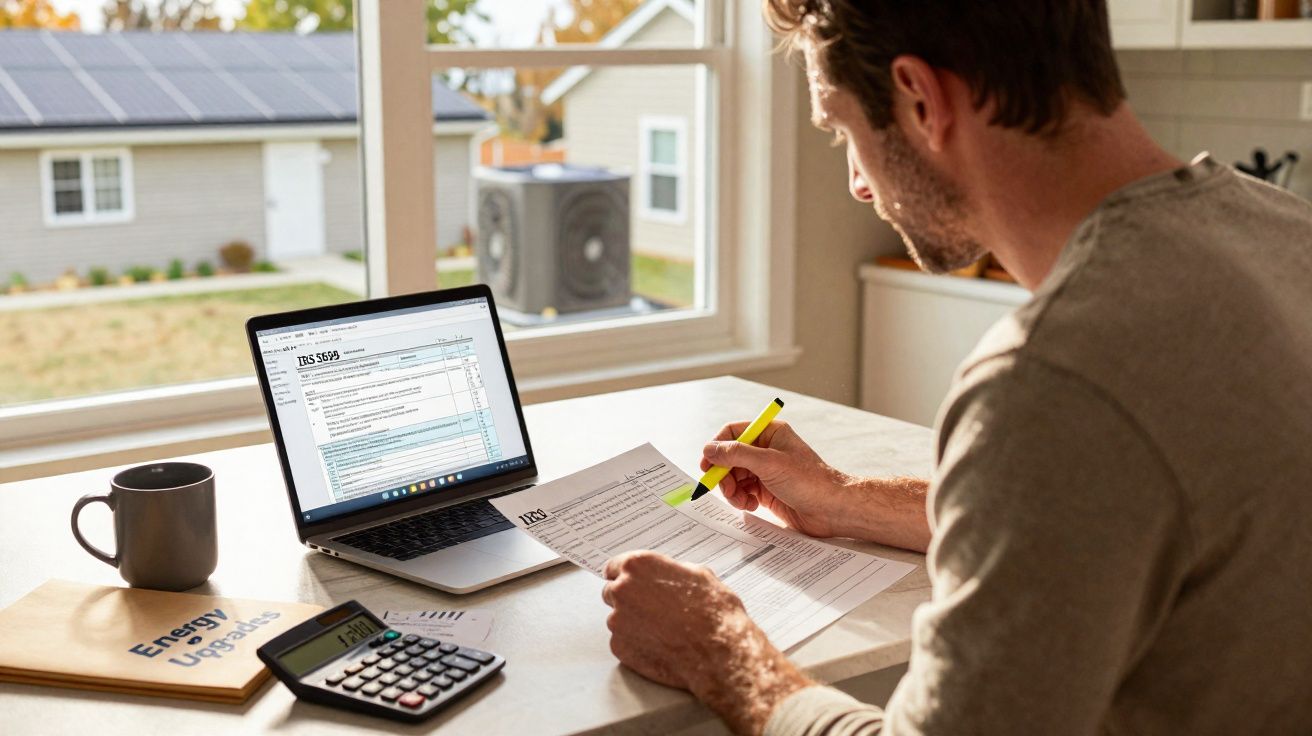 Homem a preencher documentos fiscais com portátil, calculadora e caderno numa mesa junto à janela.