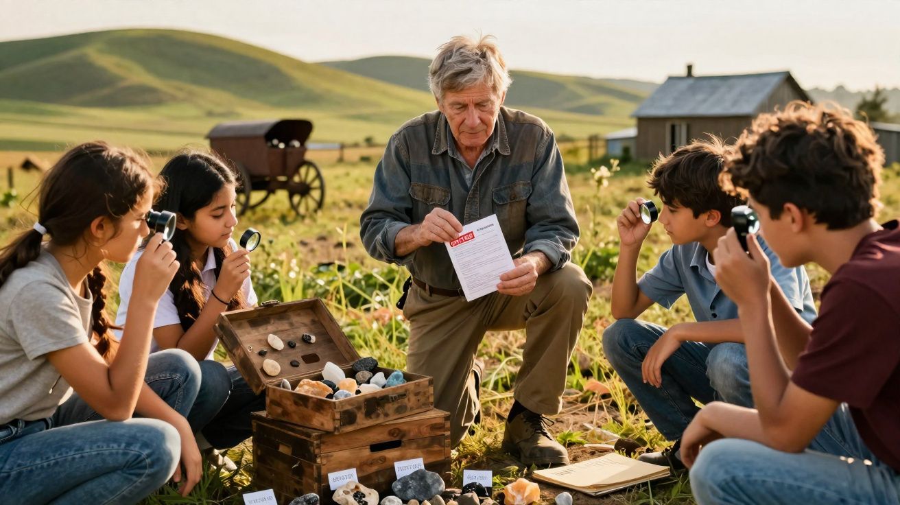 Idoso ensina crianças a observar minerais com lupas numa paisagem campestre durante o dia.