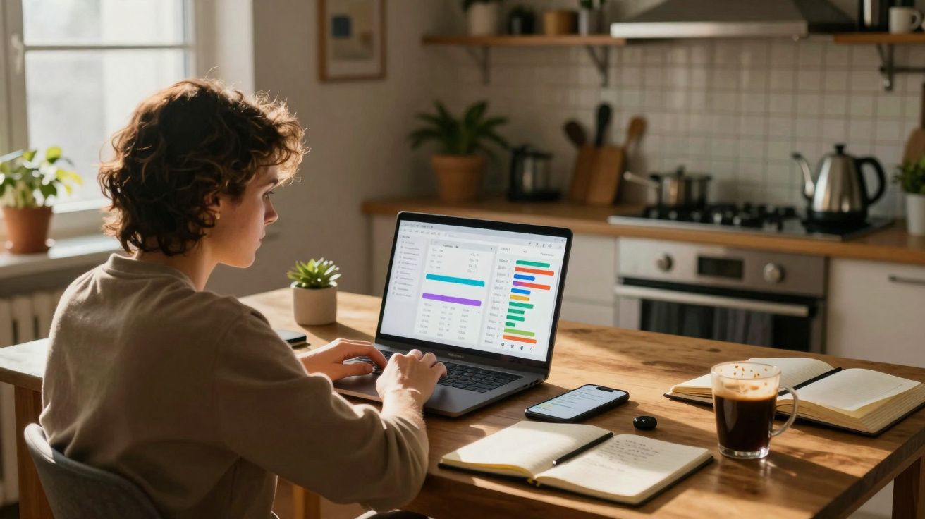 Pessoa a trabalhar num computador portátil numa cozinha, com cadernos, telemóvel e café numa mesa de madeira.