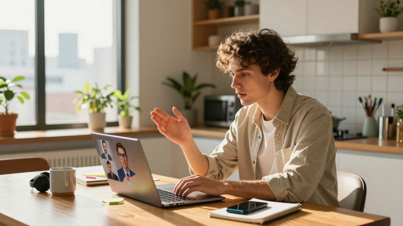 Homem jovem em videoconferência no computador numa cozinha com plantas e caderno na mesa.
