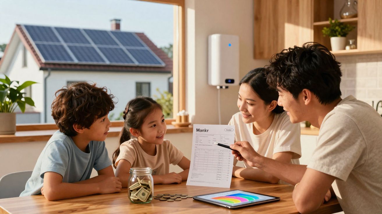 Família a discutir fatura de energia perto de jarro com dinheiro e painel solar visível pela janela.