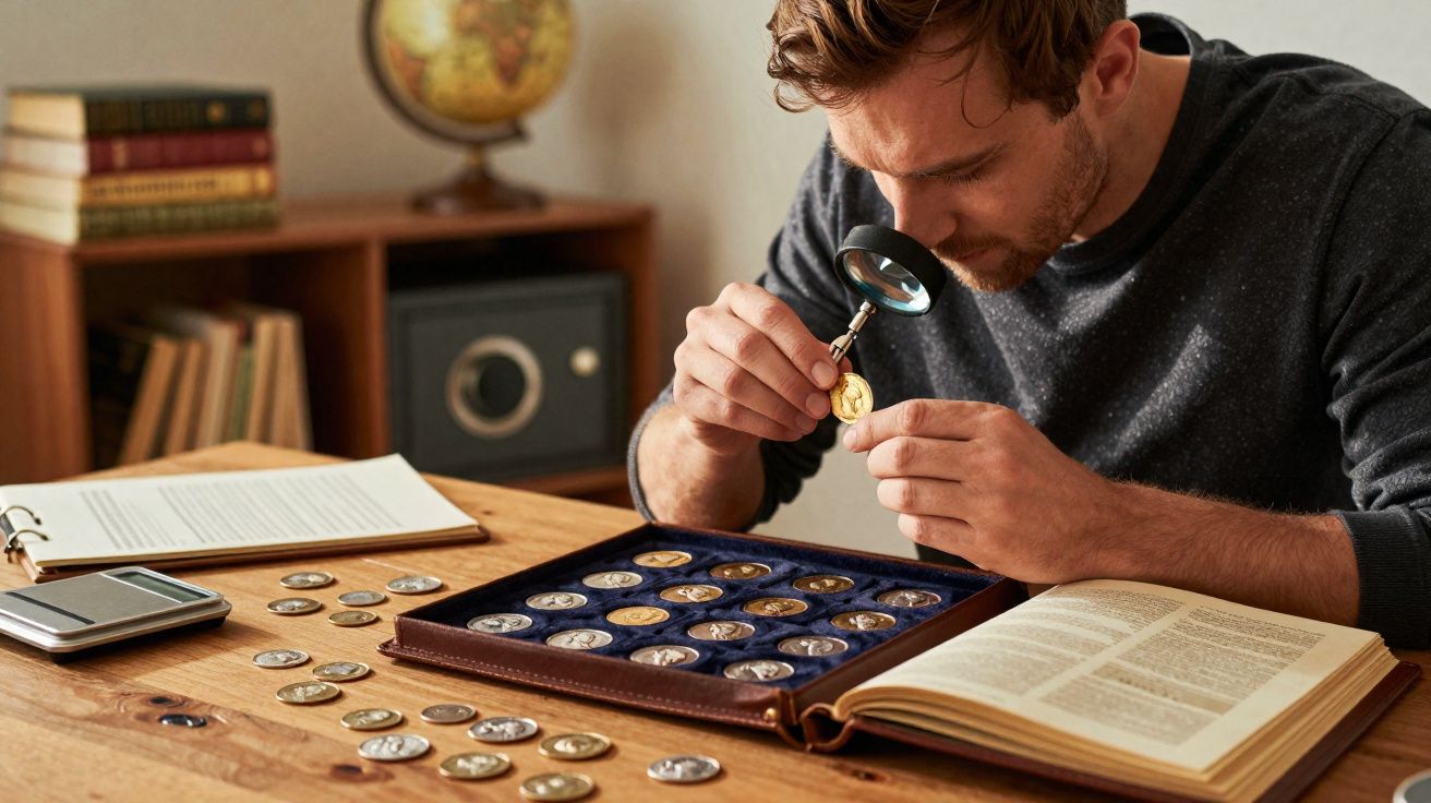 Homem a examinar uma moeda antiga com lupa, rodeado de moedas e livros numa mesa de madeira.