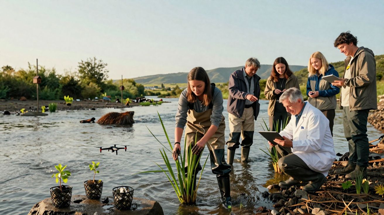 Cientistas a plantar e estudar plantas aquáticas num rio, com drone a sobrevoar a água ao pôr do sol.