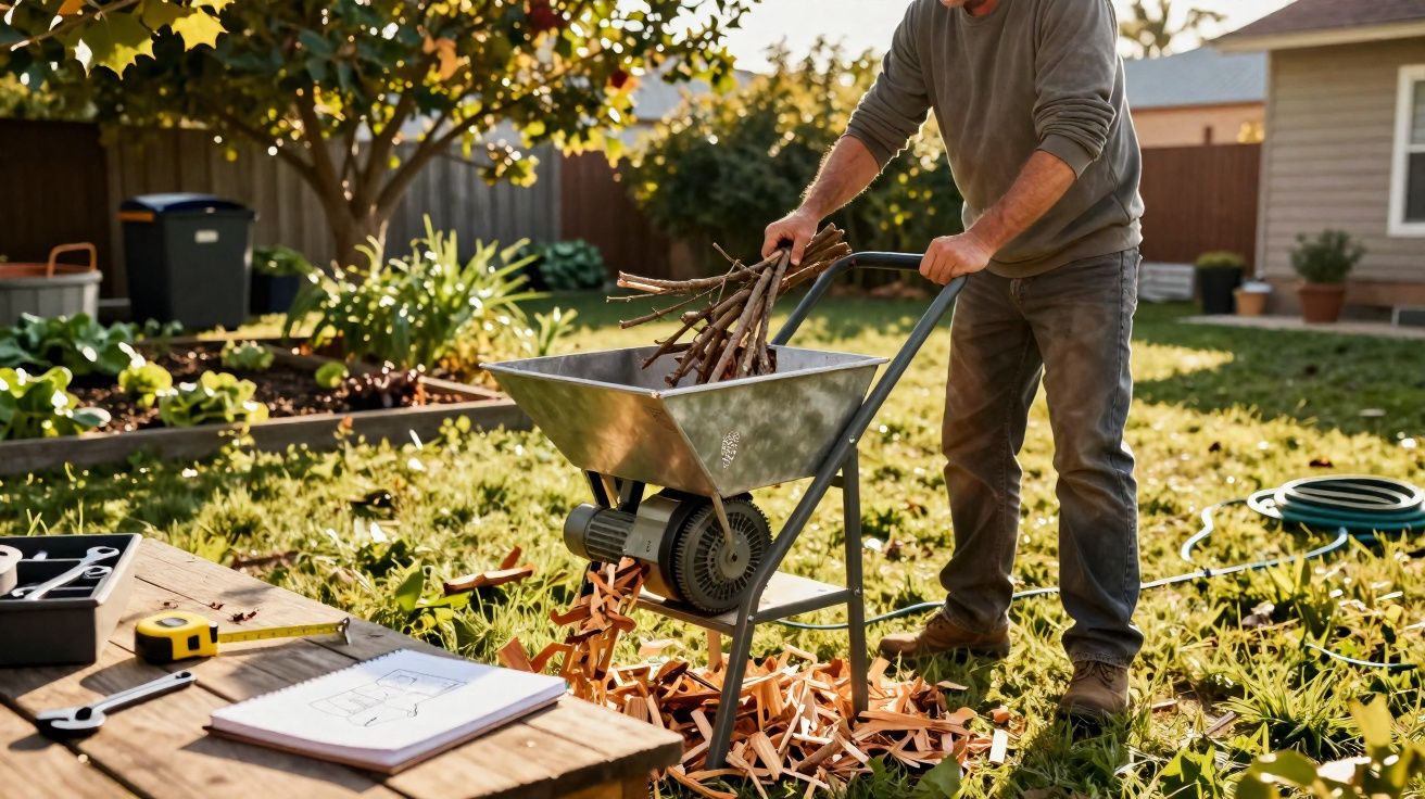 Pessoa a processar ramos em máquina trituradora num jardim soalheiro com ferramentas e projeto numa mesa próxima.