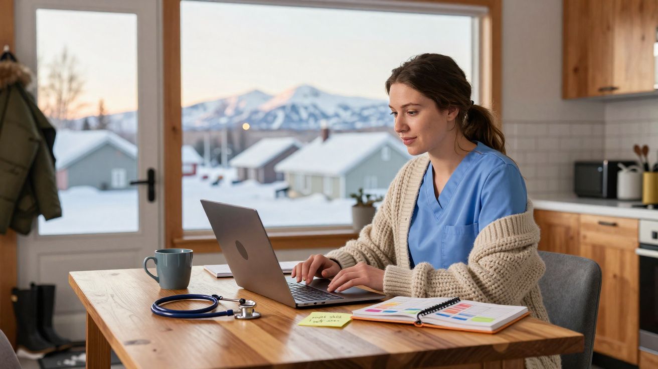 Mulher com bata azul a trabalhar num portátil numa mesa de madeira, com estetoscópio, caderno e caneca, vista neve e montanha