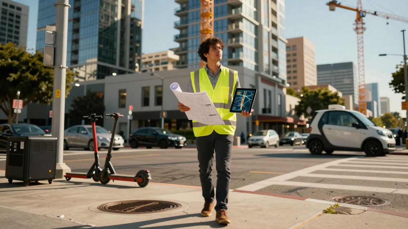 Homem com colete refletor a segurar plantas e tablet numa rua da cidade com edifícios altos ao fundo.