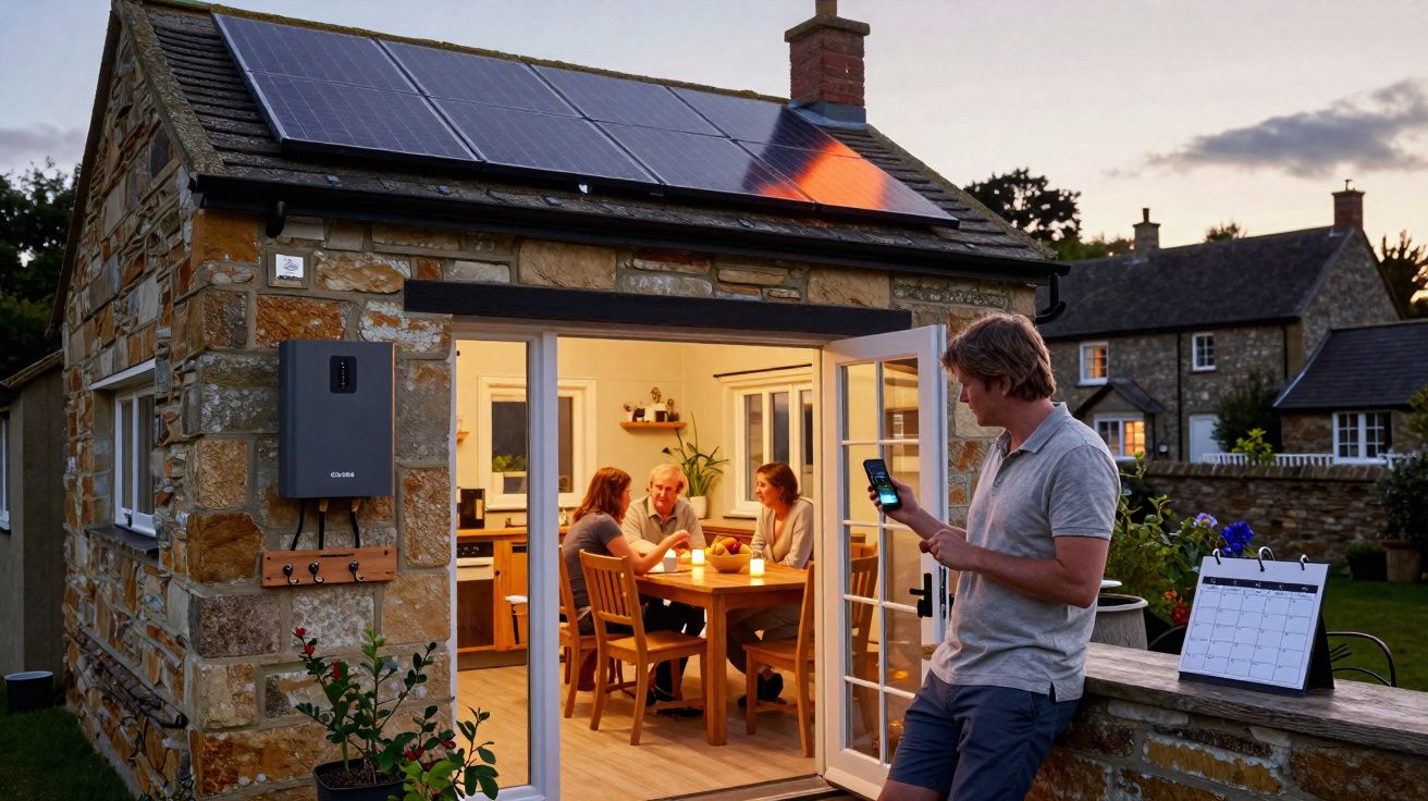 Casa rústica com painéis solares no telhado e família a jantar, homem usa smartphone no exterior ao entardecer.